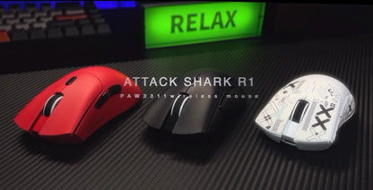 ATTACK SHARK R1 trijų režimų žaidimų pelė, PixArt PAW3311 jutiklis, 18000 DPI, 1000hz, 59g itin lengva didelėms rankoms, PC/Mac