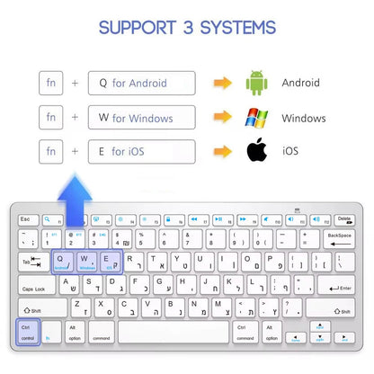Teclado sem fios com disposição hebraica e inglesa, Bluetooth e 2.4G, modo duplo, fino, compacto e ergonómico, para Windows, iOS e Android