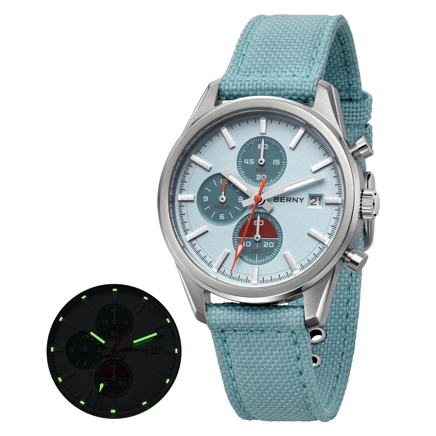 BERNY Chronograph Watch for Men/Women 37mm Dial Woven Fabric Sapphire AR Coated 5ATM Fashion Sport Calendar 316L Couple Watch