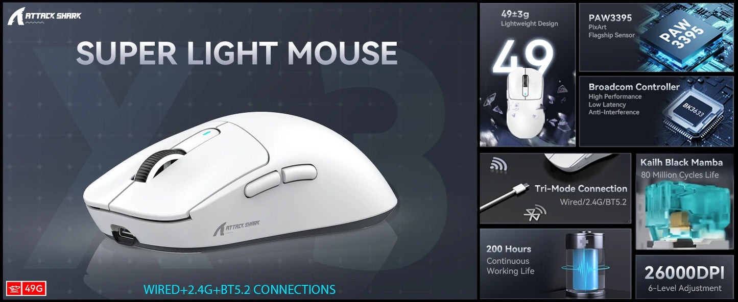 ATTACK SHARK X3 leichte kabellose Gaming-Maus, 49g Tri-Mode, PAW3395 26K DPI Sensor, 200h Akkulaufzeit, 5 programmierbare Tasten