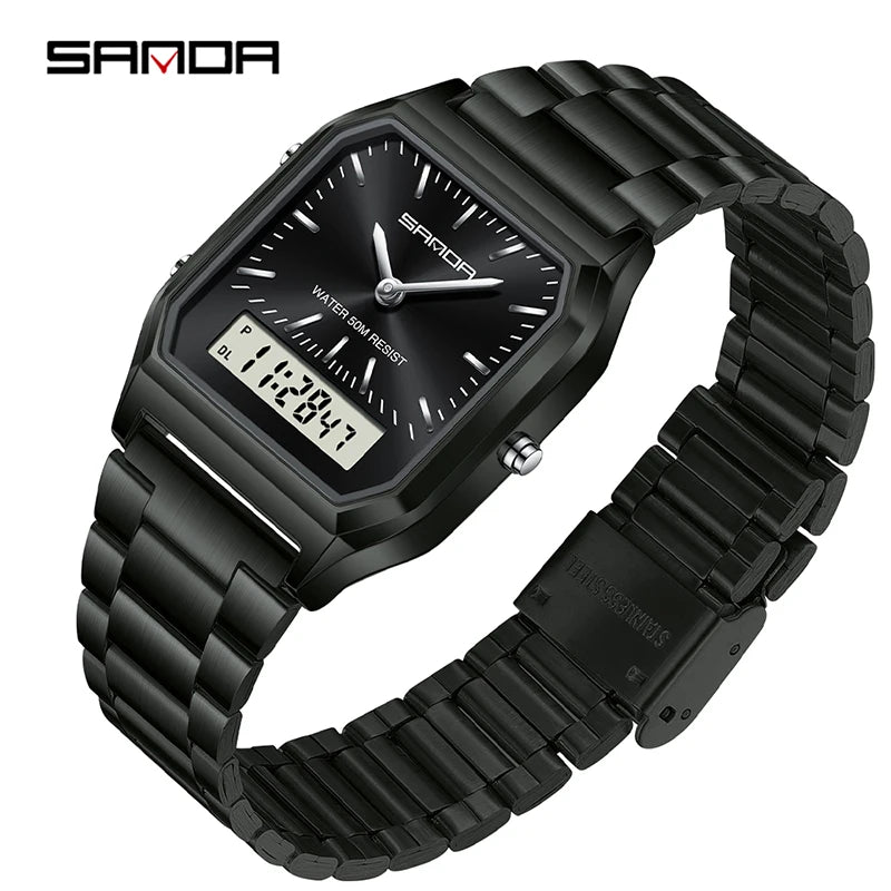 SANDA 747 Luxury Mens G Style Watches Stainless Steel Women LED Digital Dual Display Clock Unisex Waterproof Sports Quartz Watch