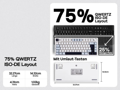 Teclado mecânico sem fios EPOMAKER x AULA F75 ISO-DE com conectividade tri-modo, layout alemão QWERTZ e bateria de 4000 mAh
