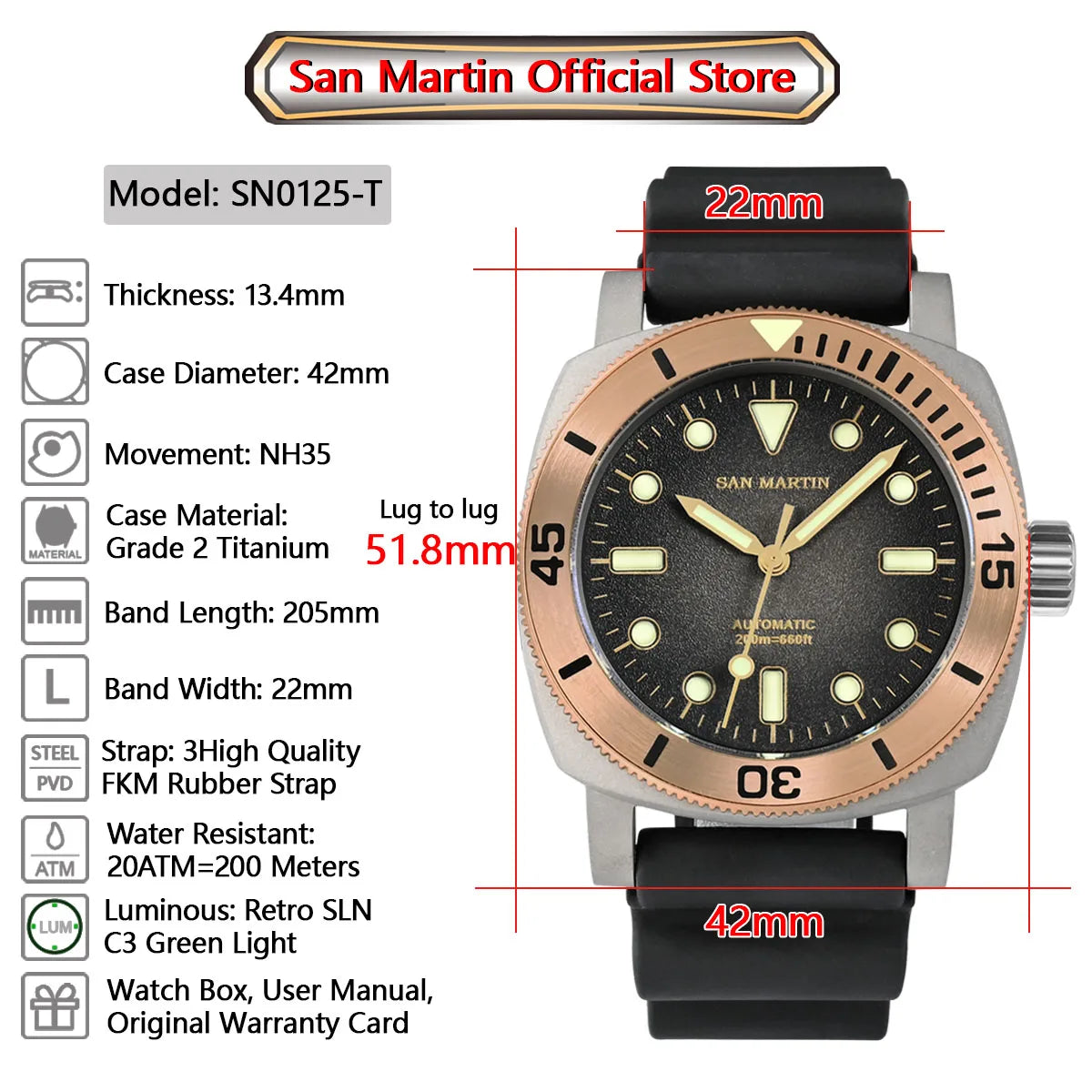 San Martin 42mm Retro Titanium Diver Watch NH35 Automatic Men's Mechanical Watches Bronze Bezel Sapphire Luminous Waterproof 200m