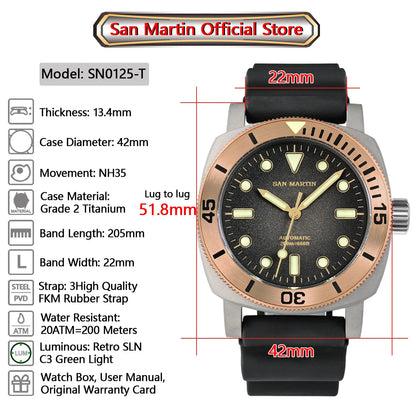 San Martin 42mm Retro Titanium Diver Watch NH35 Automatic Men's Mechanical Watches Bronze Bezel Sapphire Luminous Waterproof 200m