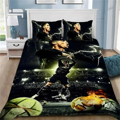 Copripiumino 3D calcio CR7, set biancheria da letto morbido con copripiumino e 1/2 federe per cuscino, per bambini e adulti, copertura in microfibra