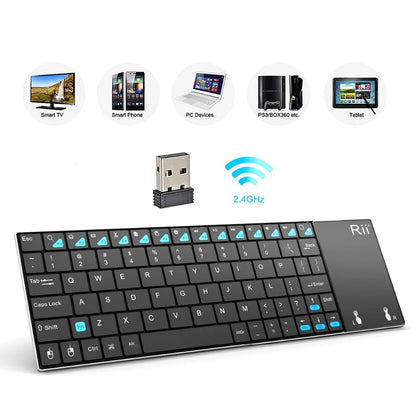 Teclado inalámbrico ruso, español, inglés y francés Rii K12+/i12+ Mini Keyboard con panel táctil para Android, laptop, PC y TV Box