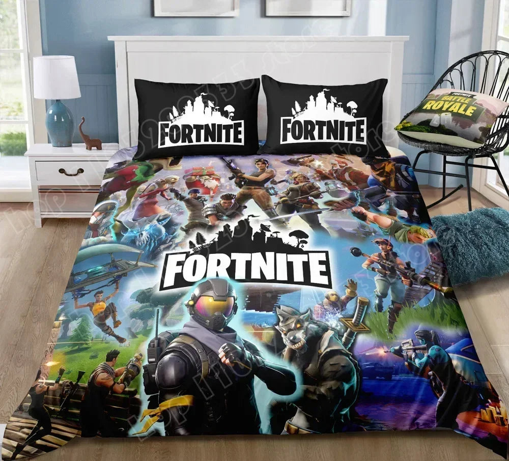 Спален комплект Fortnite с плик за завивка, 3 части, 3D принт, спално бельо за спалня, игра, аниме, анимационна калъфка за възглавница, декорация за стая, подаръци