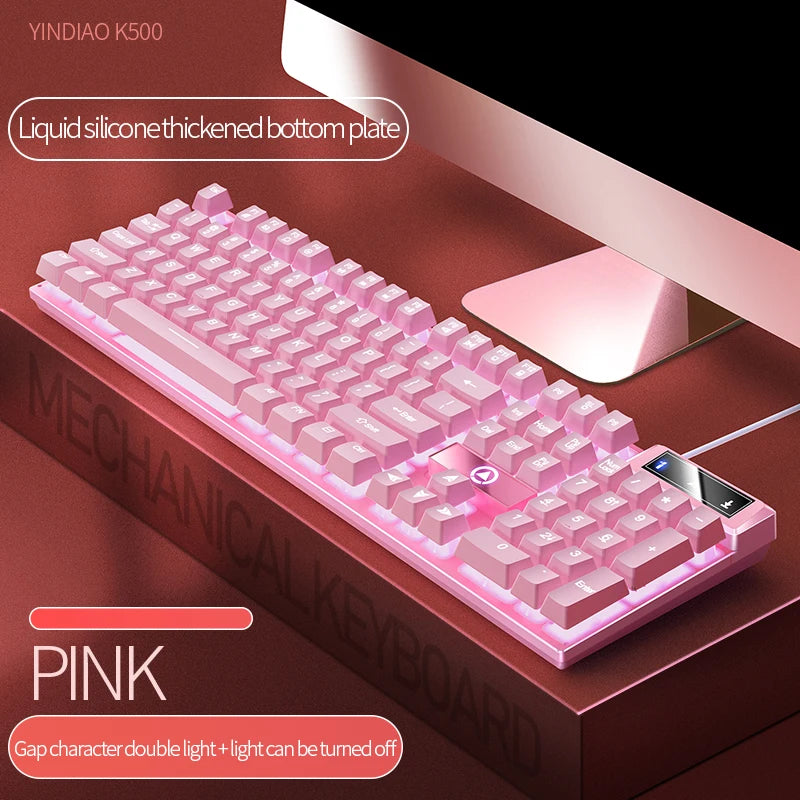 K500 Pink Keyboard Gaming-Tastatur in gemischten Farben mit weiß-rosa Tastenkappen, 104 Tasten, kabelgebunden, für Laptop und PC