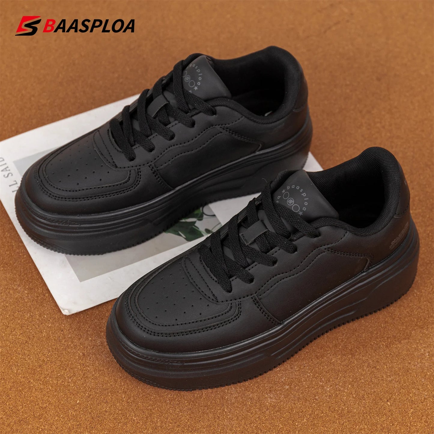 Baasploa Women’s Platform Sneakers Fashion Leather Casual Thick-Soled Shoes for Women Comfort White Skateboarding Shoes Non-Slip