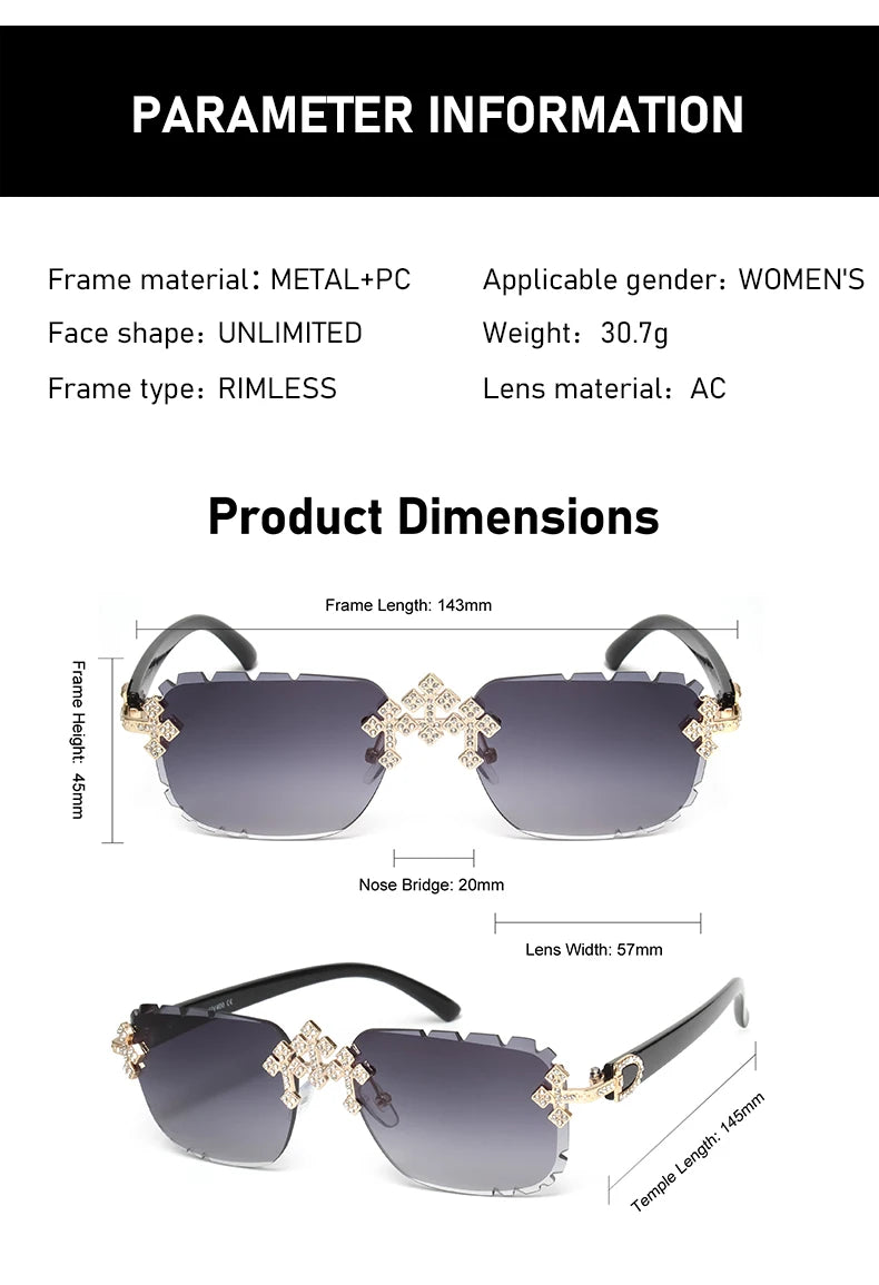 2025 Fashion Square Rimless Sunglasses For Women Cross Diamond Metal Frame Luxury Eyewear Cut Lens UV400 Shades Sun Glasses
