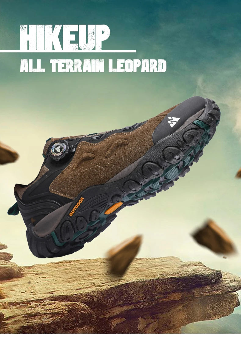 HIKEUP Leather Men's Outdoor Hiking Shoes Tourist Trekking Sneakers Mountain Climbing Trail Jogging Shoes with Turnbuckle