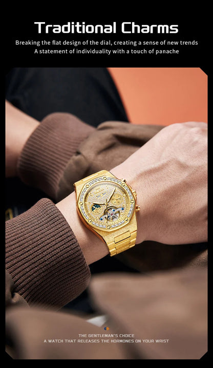OLEVS Gold Steel Mens Watches Top Brand Automatic Mechanical Luxury Watch Sport Waterproof Tourbillon Wrist Watch Reloj Hombre