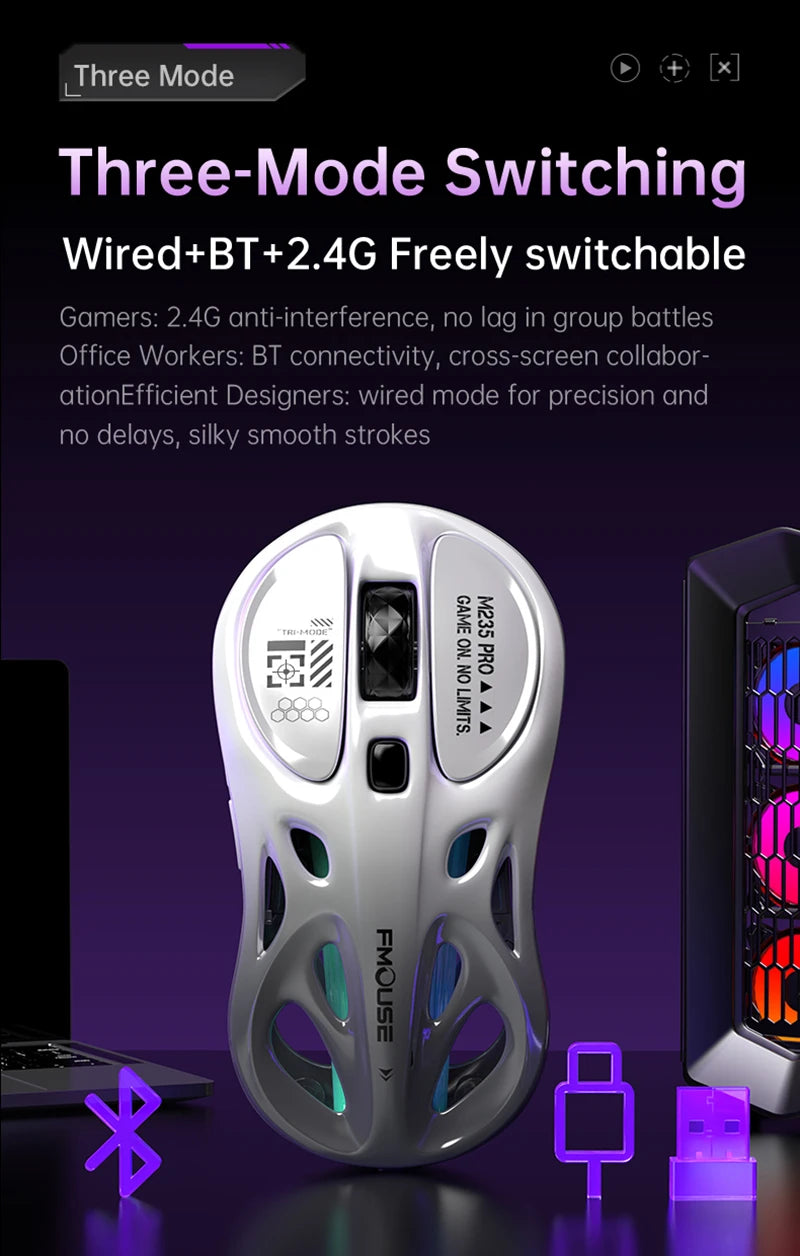 Wireless 2.4G Tri-Mode Rgb Gaming Mouse Hollow Lightweight Design With Chroma Lighting Wired Bluetooth E-Sports Mouse Controller