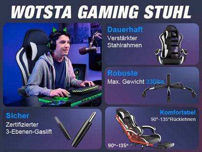 WOTSTA Gaming Chair with Footrest Gamer Chairs Ergonomic with Lumbar Cushion Headrest Height Adjustable Computer Chair