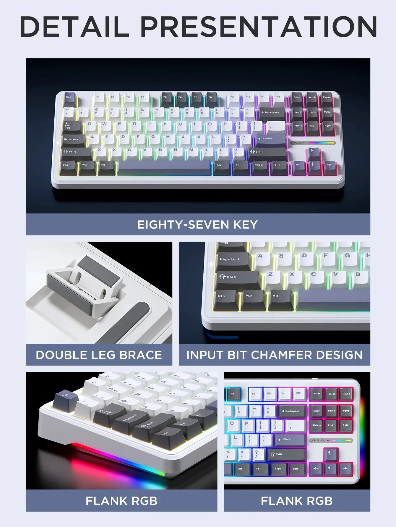 AULA F87 Pro Mechanical Keyboard 2.4g/Usb/Bluetooth Tri Mode Wireless 87 Key RGB PBT Gasket 5 Layer Silencing Full Key No Impact