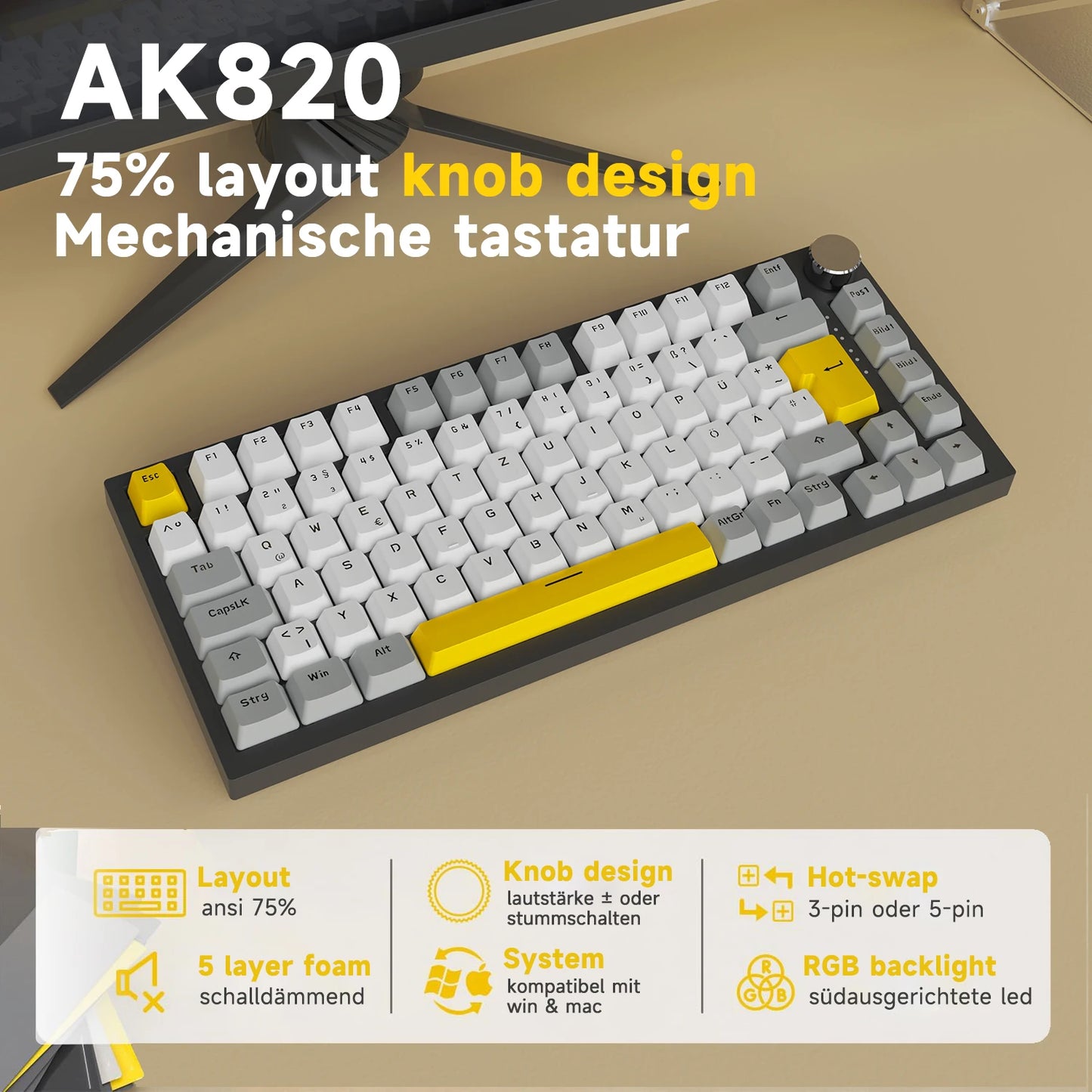 Teclado Mecânico com Fio AJAZZ AK820 75%: Hot-Swappable, Retroiluminação RGB/Branca/Azul-Gelo, Controlo por Botão de Volume | Para Escritório e Gaming