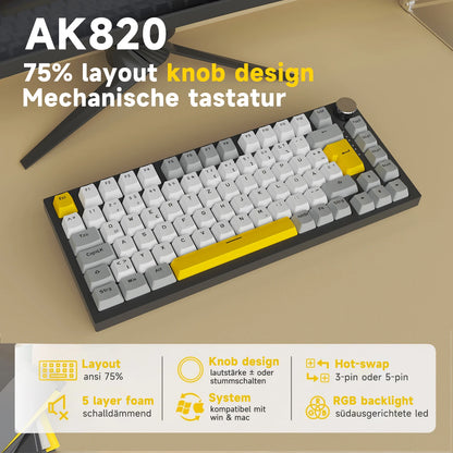 Teclado Mecânico com Fio AJAZZ AK820 75%: Hot-Swappable, Retroiluminação RGB/Branca/Azul-Gelo, Controlo por Botão de Volume | Para Escritório e Gaming