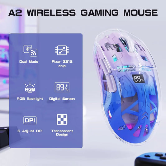 Attack Shark A2 Transparent Wireless Gaming Mouse, Bluetooth 5.0 & 2.4G Rechargeable RGB Gaming Mouse with Digital Display, PixArt 3212 Sensor, 5 Adjustable DPI