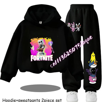 Fortnite-bedruckte Kinder-Hoodies, Cartoon-Design, bequemes 2-teiliges Set, locker sitzende Langarm-Oberteile mit Hose, Herbst-/Winterkleidung, Geschenk