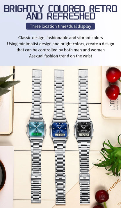 SANDA 747 Luxury Mens G Style Watches Stainless Steel Women LED Digital Dual Display Clock Unisex Waterproof Sports Quartz Watch