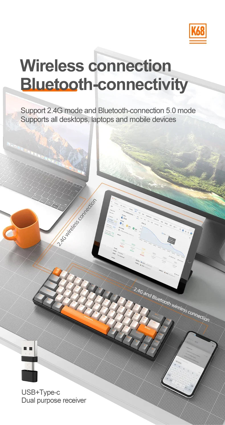 K68 2.4G/BT5.0 Wireless Gaming Mechanical Keyboard 68 Keys Hotswap Mini Gaming Mechanical Keyboard PBT Keycaps 65% Keyboards