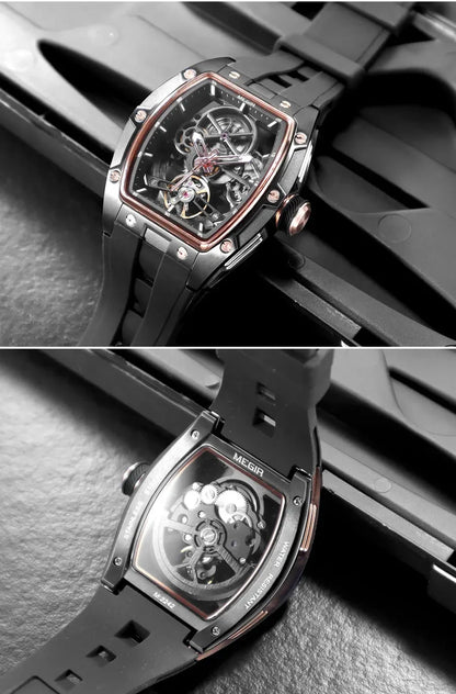 MEGIR Automatic Wristwatch Men Fashion Black Silicone Strap Wateproof Luminous Sport Mechanical Watch with Tonneau Dial 2242