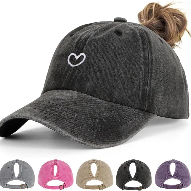 1pc Retro Washed Little Heart Embroidered Ponytail Baseball Cap  for Women,Outdoor Sports Adjustable Women's Cap for Daily Wear