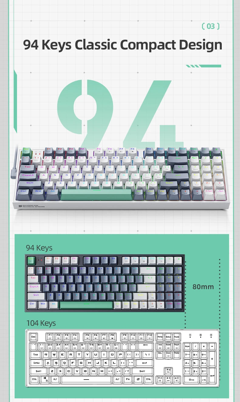 MACHENIKE K500 mechanische Tastatur – kabelgebundene Gaming-Tastatur K500-B94, Hot-Swappable, 94 Tasten, 90%-Layout, RGB-Hintergrundbeleuchtung für PC und Laptop