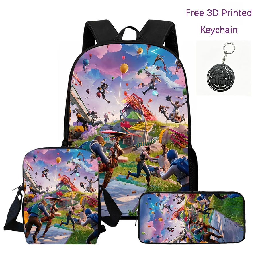 3-teiliges Kinder-Rucksack-Set, Umhängetasche & Federmäppchen, FORTNITE-Cartoon-Tasche, leicht, für Jungen und Mädchen von 6-10, kostenloser 3D-gedruckter Schlüsselanhänger
