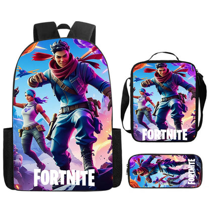 Fortnite Cartoon 3-teiliges Set, großes Fassungsvermögen, geeignet für Jungen und Mädchen von 5-8 Jahren, inklusive Rucksack, Lunchbag und Federmäppchen