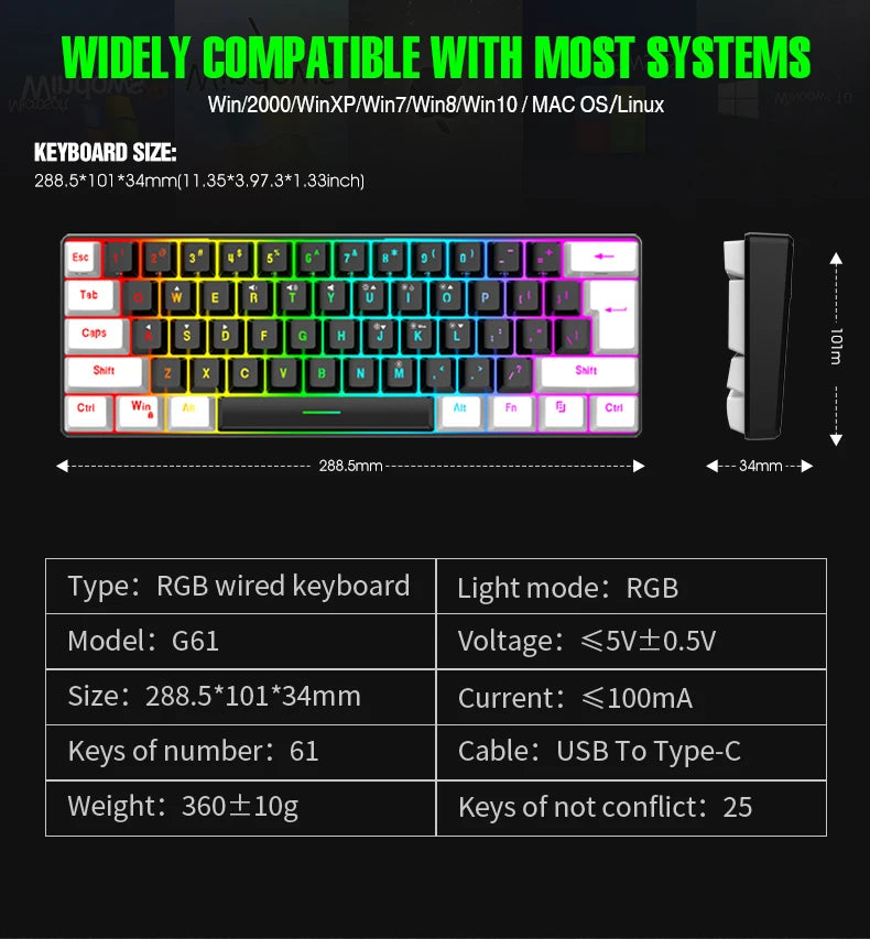 Wasserdichte mechanische 61-Tasten-Tastatur mit Kabel in Weiß, mit schwarzen und blauen Switches, RGB-beleuchtet – Gaming- und Office-Set, PUBG Gamer Backlit