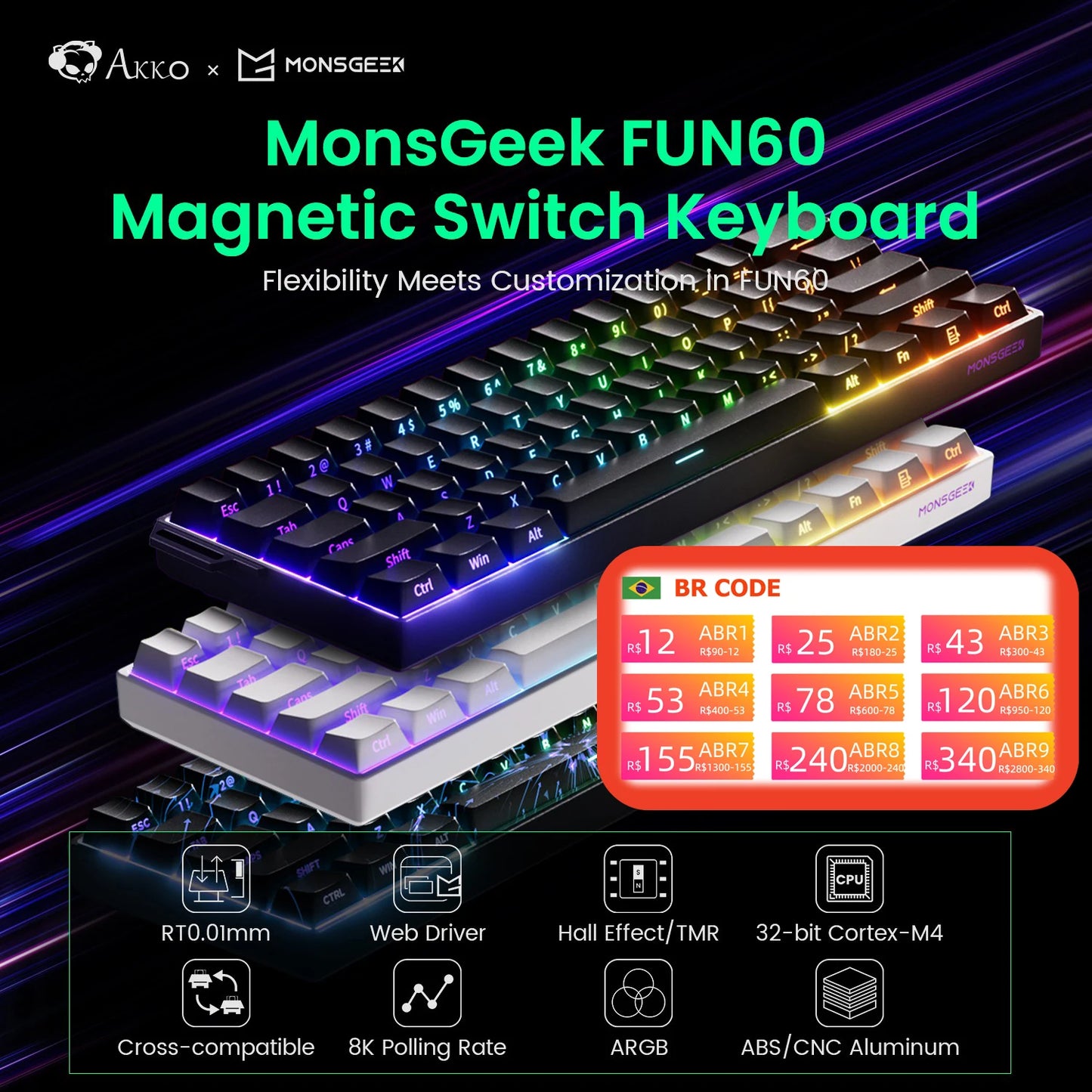 Teclado mecánico Akko MonsGeek FUN60 con interruptores magnéticos 60% para gaming, Rapid Trigger 0.01mm, 8K, ARGB, HE/TMR, teclado personalizado