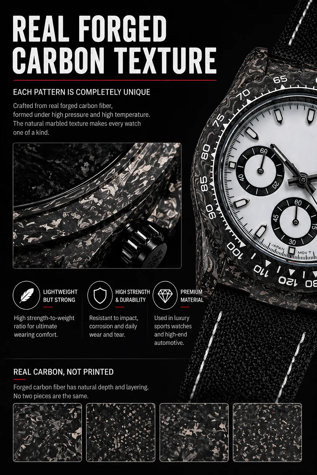 39mm Carbon Fiber Panda Chronograph Watch VK63 Quartz Sapphire Crystal Custom Logo Men's Sports Wristwatch
