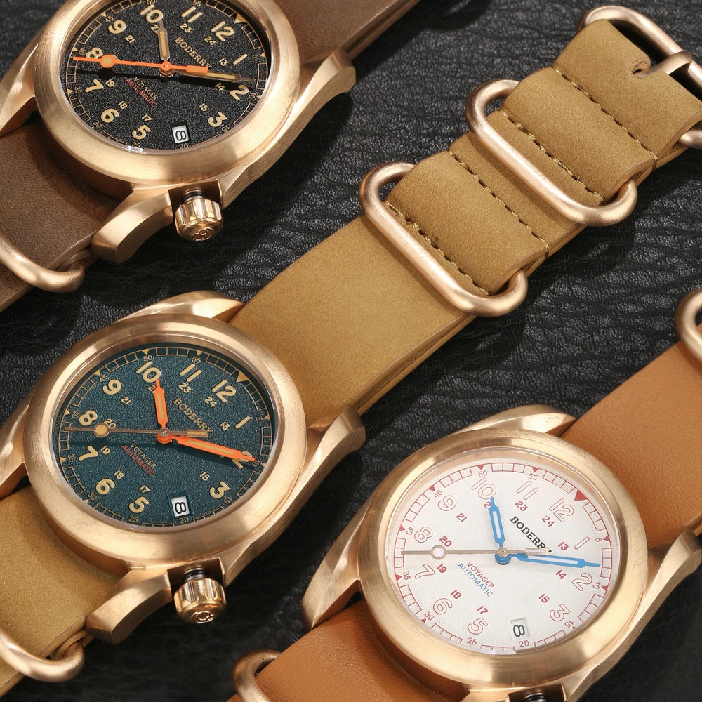 Boderry VOYAGER Field Watches Bronze Case Automatic For Seiko NH35 Watch 100M Waterproof Clock Military Vintage Wristwatch Mens