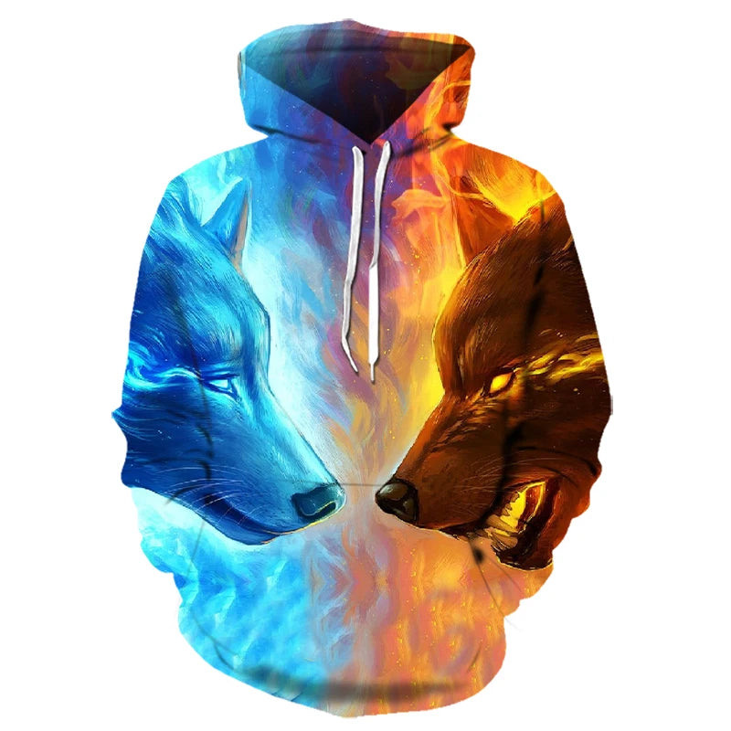 3D Wolf Pattern Printed Hooded Sweatshirt Fashion And Casual Men's Oversized Pullover Harajuku Street Design Hooded Sweatshirt