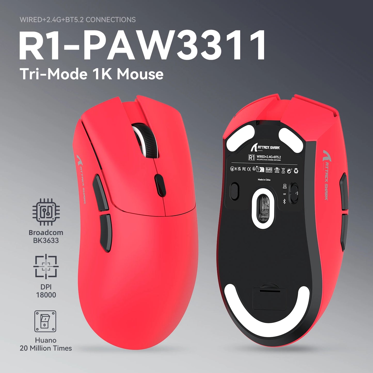 ATTACK SHARK R1 trijų režimų žaidimų pelė, PixArt PAW3311 jutiklis, 18000 DPI, 1000hz, 59g itin lengva didelėms rankoms, PC/Mac