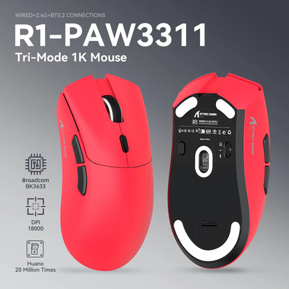 ATTACK SHARK R1 trijų režimų žaidimų pelė, PixArt PAW3311 jutiklis, 18000 DPI, 1000hz, 59g itin lengva didelėms rankoms, PC/Mac