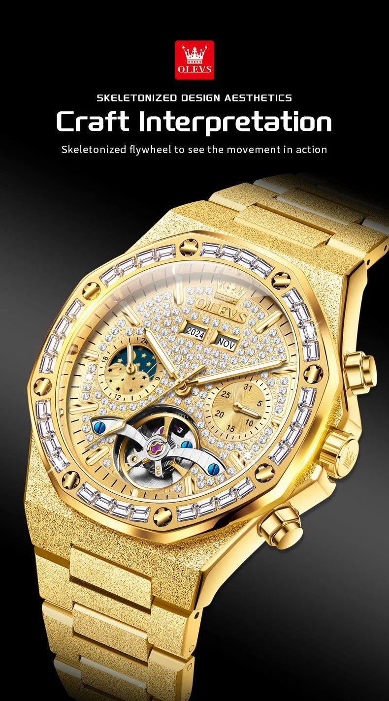 OLEVS Gold Steel Mens Watches Top Brand Automatic Mechanical Luxury Watch Sport Waterproof Tourbillon Wrist Watch Reloj Hombre