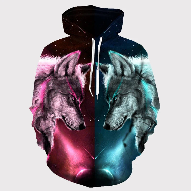3D Wolf Pattern Printed Hooded Sweatshirt Fashion And Casual Men's Oversized Pullover Harajuku Street Design Hooded Sweatshirt