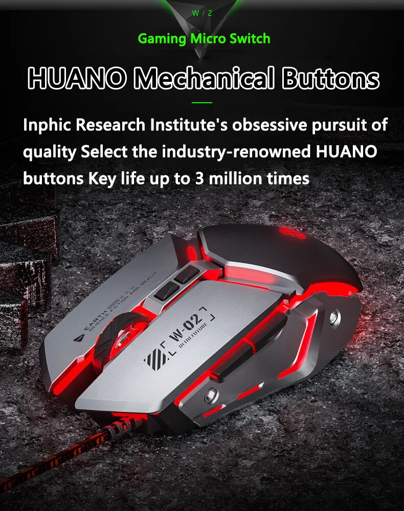 Inphic W2 2nd Generation USB Wired Gaming Mouse Silent Click Metal Style 6-key Macro Programming 8800DPI