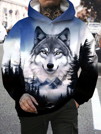 2025 Herren-Herbstmode: bequemes, weiches Kapuzen-Sportshirt mit Wolf-Print für Outdoor, City und Streetwear