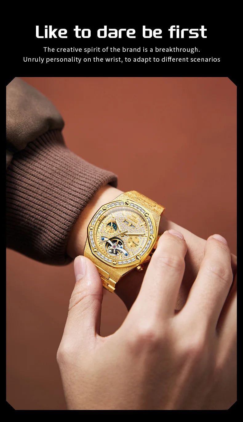 OLEVS Gold Steel Mens Watches Top Brand Automatic Mechanical Luxury Watch Sport Waterproof Tourbillon Wrist Watch Reloj Hombre