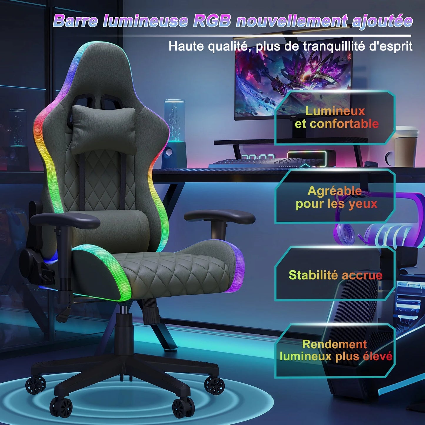Ergonomic Gaming Chair with Massage Function, RGB LED, 90-135 Degree Recline, Up to 130kg, Office Chair, Premium Leather, Black