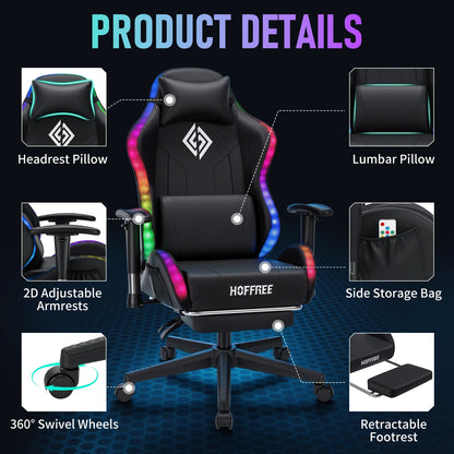 LED Gaming Chair for Children 8-15 Years, Adjustable Gamer Chair with LED Lighting, Footrest & Lumbar Support, Ergonomic PC Chair