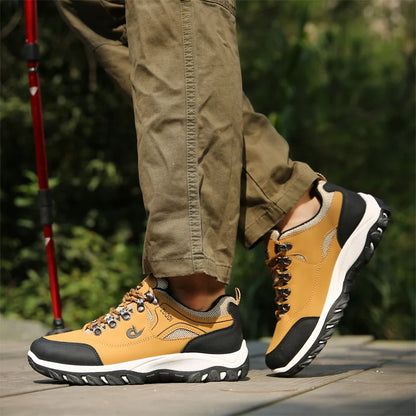 Autumn and Winter Men's Waterproof Hiking Shoes, Outdoor PU Leather Sports Shoes, Wear-Resistant, Walking, Tactical