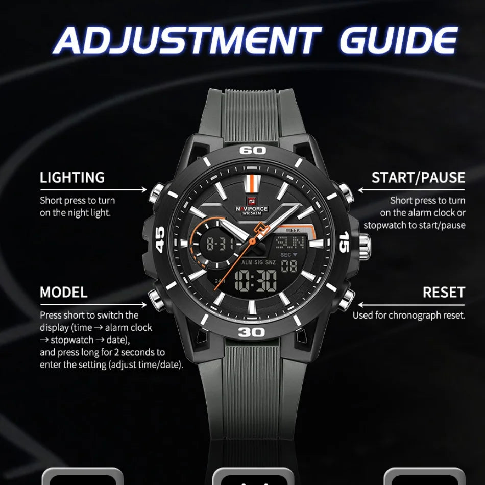 NAVIFORCE Men's Watch Dual Display 50M Waterproof Countdown Chronograph Alarm Clock Male Fashionable Sports Wristwatch NF7135