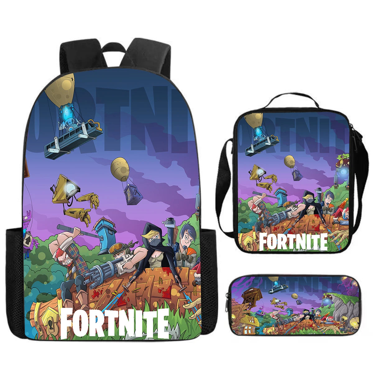 Fortnite Cartoon 3-teiliges Set, großes Fassungsvermögen, geeignet für Jungen und Mädchen von 5-8 Jahren, inklusive Rucksack, Lunchbag und Federmäppchen