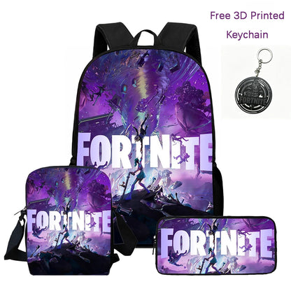 3-teiliges Kinder-Rucksack-Set, Umhängetasche & Federmäppchen, FORTNITE-Cartoon-Tasche, leicht, für Jungen und Mädchen von 6-10, kostenloser 3D-gedruckter Schlüsselanhänger