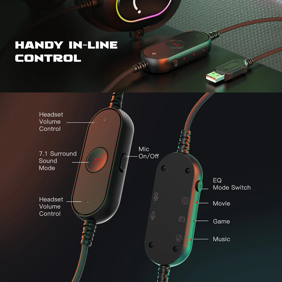 Fifine Dynamisches RGB-Gaming-Headset mit Mikrofon Over-Ear-Kopfhörer 7.1 Surround Sound PC PS4 PS5 3 EQ-Optionen Game Movie Music – H6