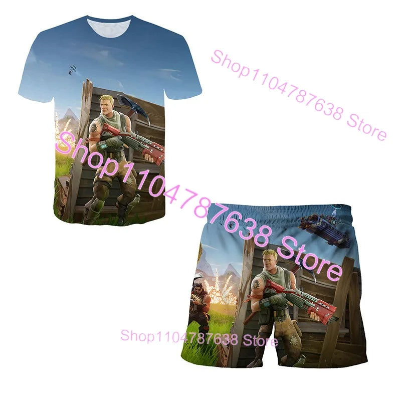 2-teiliges Set F-Fortnited Victory 3D-T-Shirt und Shorts für Kinder, Oberteile für Mädchen und Jungen, Battle-Royale-Kleidung, Harajuku-Tees, Hero-Kinder-T-Shirt